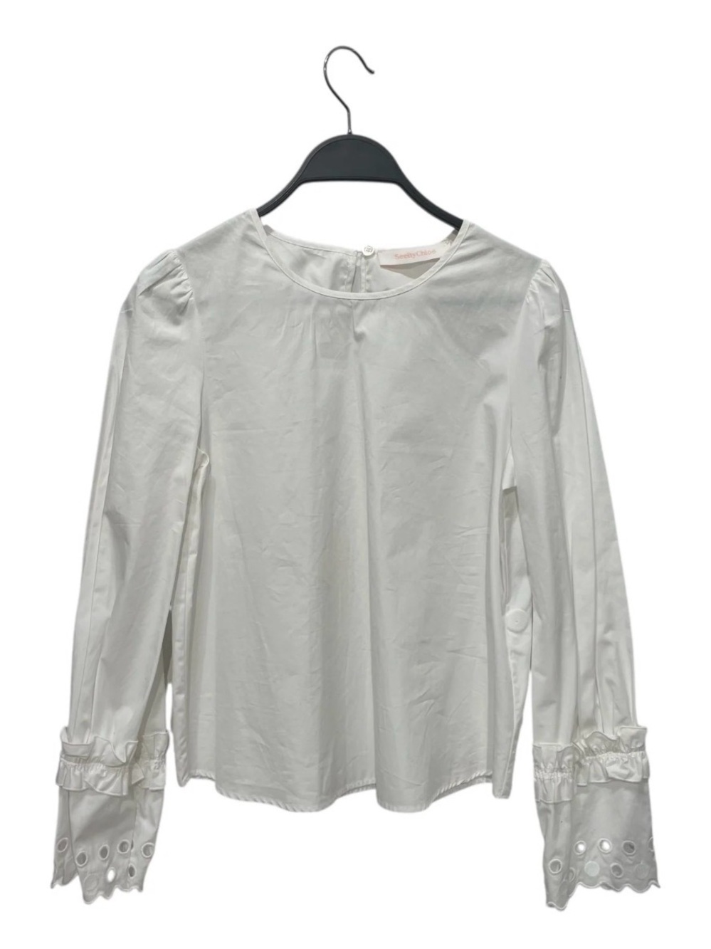 See by Chloe Women's White Long Sleeve Blouse with Ruffle Eyelet Cuffs Size 34